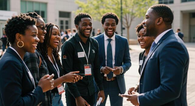 Diverse young professionals sharing laughter and conversation outdoors, celebrating connection and collaboration in a modern urban setting. photo