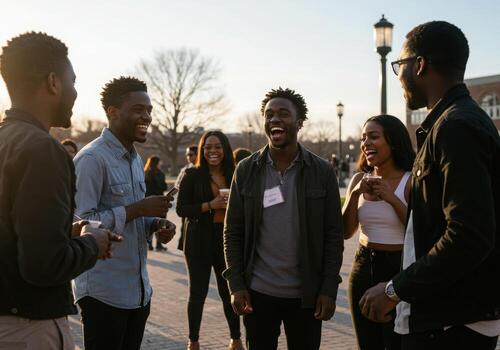 Vibrant young professionals connect and laugh outdoors, enjoying a casual networking event with warm sunlight and a friendly atmosphere. photo