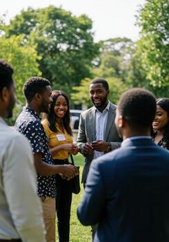 Diverse professionals networking and smiling at an outdoor business event, fostering collaboration and community in a vibrant, natural setting. photo