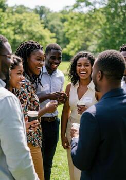 Diverse group of smiling professionals laughing and connecting outdoors at a sunny networking event with coffee cups photo