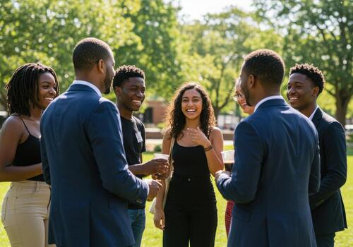 Diverse young professionals connect and laugh during an outdoor networking event on a sunny day, fostering collaboration and community spirit. photo