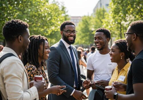 Diverse young professionals connect and laugh during an outdoor networking event, fostering collaboration and community in a vibrant urban setting. photo