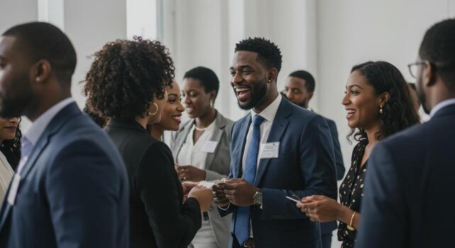 Joyful diverse professionals connect and network, exchanging ideas and building business relationships at a lively event. photo