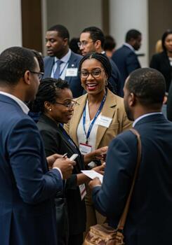 Diverse professionals networking and engaging in lively conversation at a business conference event, fostering connections and sharing ideas. photo