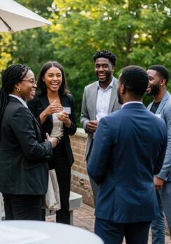 Diverse professionals joyfully networking and celebrating success outdoors, sharing laughter and connection at a sophisticated business event. photo