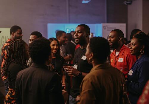 Diverse group of professionals networking and engaging in lively conversation at an exclusive evening event, fostering connection and collaboration. photo