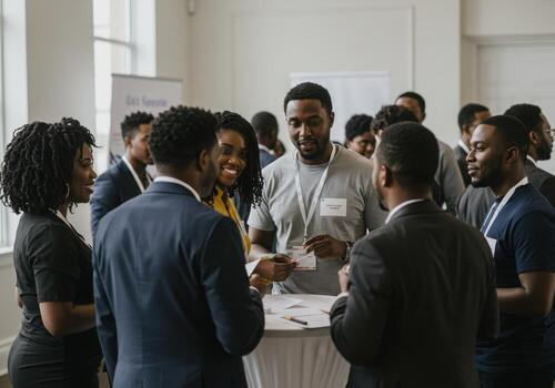 Diverse professionals engage in lively networking conversation at a modern business conference event, building connections and sharing ideas. photo