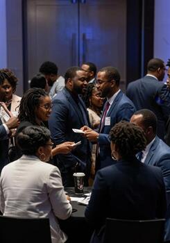 Diverse professionals networking and exchanging business cards at a modern corporate event, fostering collaboration and connection photo