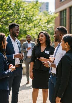 Diverse professionals networking outdoors, sharing laughter and ideas during a sunny business event, fostering collaboration and connection. photo