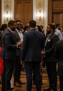 Diverse professionals confidently networking and discussing ideas at an elegant evening gala event, fostering connections and collaboration. photo