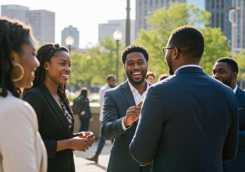 Diverse professionals in sharp suits share laughter and conversation outdoors, embodying modern business collaboration and success in a vibrant urban setting. photo