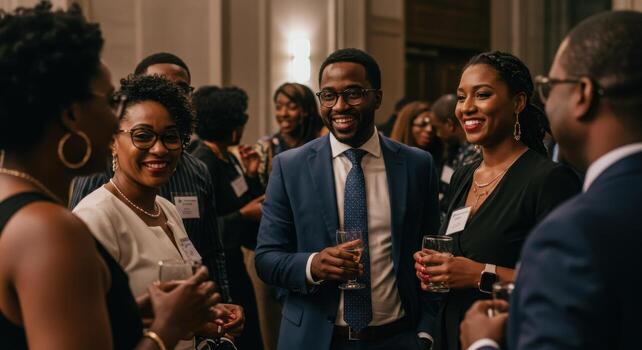 Diverse professionals connect and celebrate at an elegant networking event, sharing smiles and conversation over drinks. photo