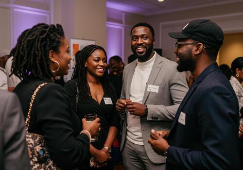 Joyful professionals connect and converse at an elegant networking event, fostering collaboration and building valuable relationships in a sophisticated atmosphere. photo