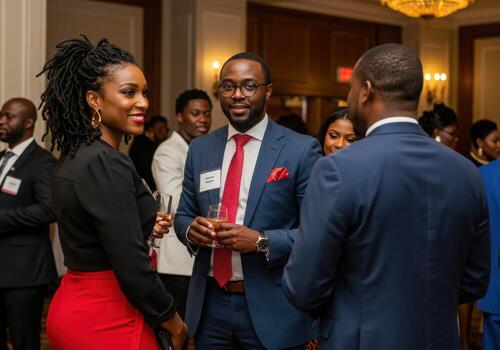 Sophisticated professionals networking and conversing at an elegant evening gala, fostering connections and celebrating success in a refined social setting. photo