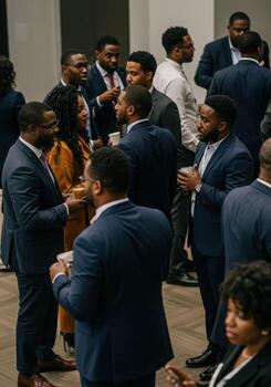 Diverse professionals network and converse at an elegant business event, fostering connections and celebrating success in sophisticated attire. photo