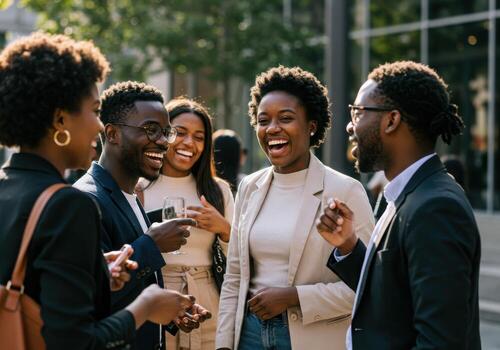 Diverse young professionals sharing laughter and success at an outdoor networking event, radiating positivity and connection photo