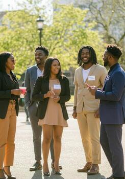 Diverse professionals connect and laugh at outdoor networking event, fostering collaboration and community in a vibrant, sunlit setting. photo