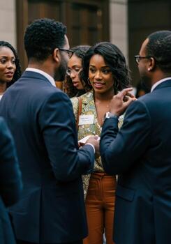 Diverse professionals engaging in lively business conversation, building connections at a modern networking event, fostering collaboration and success. photo