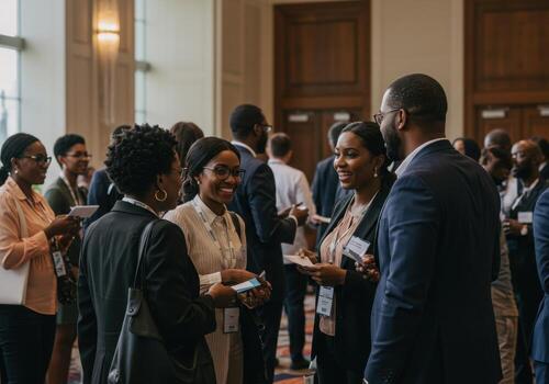 Diverse professionals networking and connecting during a vibrant business conference creating opportunities for growth and collaboration photo