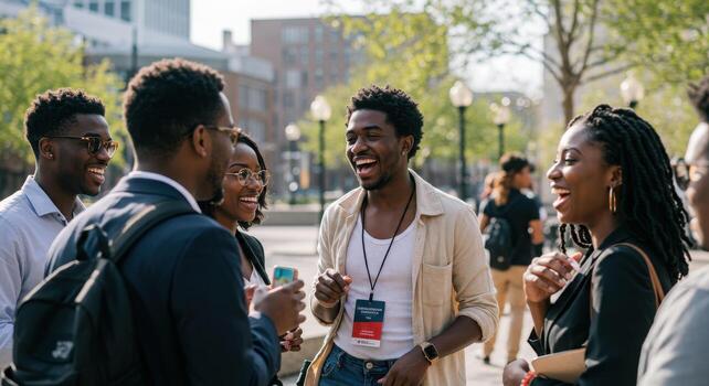 Vibrant group of diverse young professionals sharing laughter and conversation outdoors, fostering connection and collaboration in a modern urban setting. photo