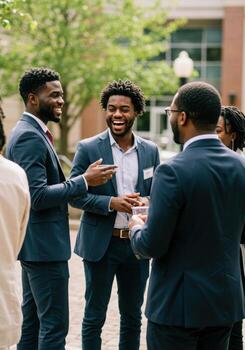 Confident professionals networking and laughing outdoors, fostering collaboration and success in a modern business environment. photo