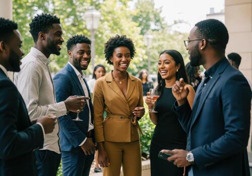 Stylish Black professionals celebrating success and networking at an outdoor event, sharing laughter and drinks in sophisticated attire photo