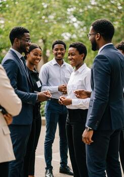 Diverse professionals connect and converse outdoors, sharing ideas and building networks in a vibrant, collaborative atmosphere. photo
