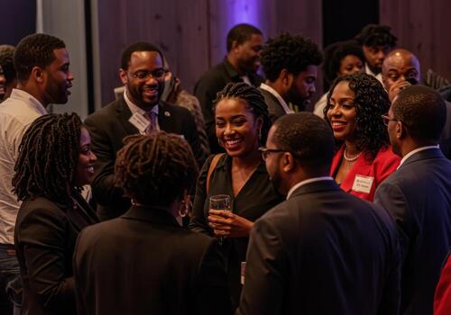 Diverse professionals networking and smiling at a sophisticated corporate event or conference, fostering connections and celebrating achievements in a vibrant social setting. photo