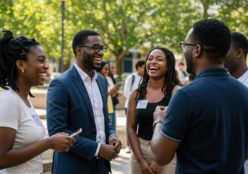 Diverse group of young professionals laughing and connecting during an outdoor networking event, fostering collaboration and camaraderie. photo