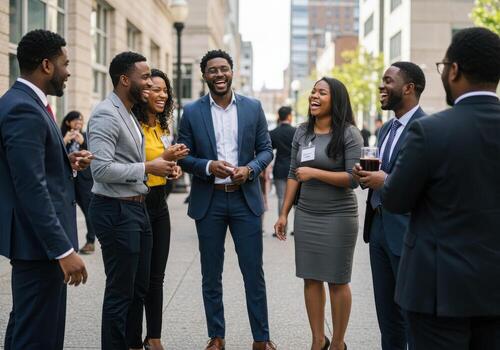 Diverse professionals laugh and connect during a vibrant outdoor networking event in a bustling city setting. photo