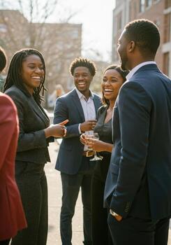 Joyful professionals celebrating shared success during an outdoor business networking event with laughter and drinks. photo