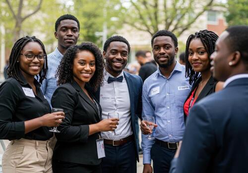 Diverse group of young professionals networking and celebrating success at an outdoor business event, smiling and holding drinks photo