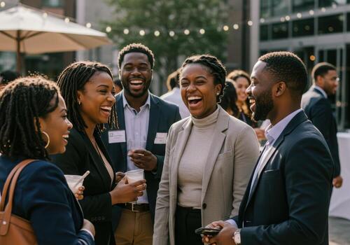 Joyful diverse professionals connect and laugh at outdoor business networking event, celebrating shared success and camaraderie photo