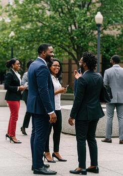 Diverse business professionals collaborating and conversing outdoors in a modern urban setting, fostering teamwork and connection. photo