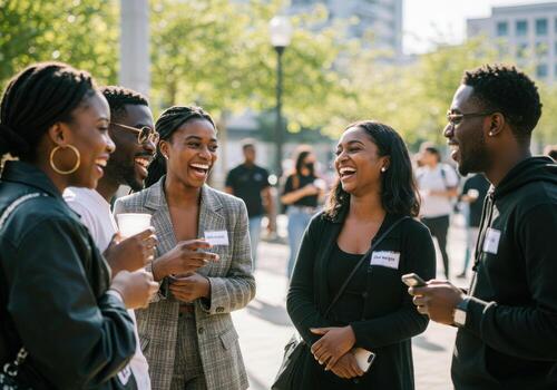 Joyful diverse young adults connect and laugh outdoors at a vibrant professional networking event creating lasting positive connections and memorable experiences. photo