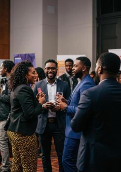 Confident professionals network and converse during a vibrant business event, fostering connections and collaboration in a modern setting. photo