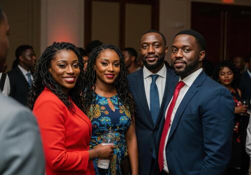 Joyful group of friends celebrating a special occasion together at an elegant evening event, sharing smiles and good times. photo
