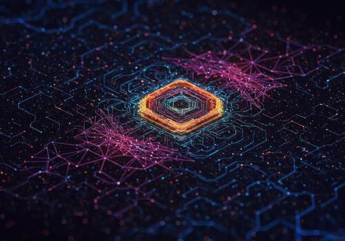 Stunning digital network visualization with glowing central processor and vibrant data streams, perfect for tech innovation concepts. photo