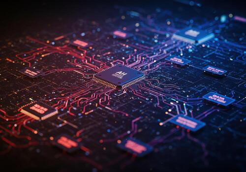 dinámica ai chip potenciando futurista digital red con brillante circuitos y datos fluir para avanzado tecnología conceptos foto