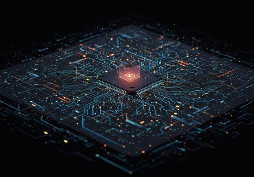 Futuristic glowing circuit board with central processor radiating energy, symbolizing advanced technology and digital innovation in a dark, abstract setting. photo