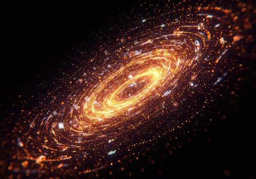 Dynamic digital vortex of glowing data streams and abstract icons symbolizing innovation, technology, and cosmic exploration. photo