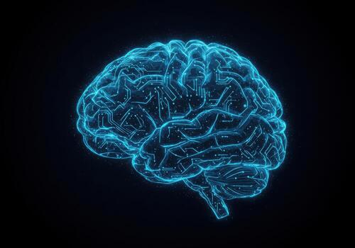 Stunning digital brain visualization glowing with electric blue circuits, representing artificial intelligence and complex thought processes photo