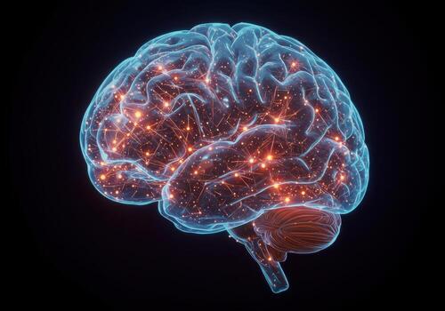 Dynamic glowing neural network within a luminous brain symbolizes complex thought, innovation, and human consciousness exploration photo