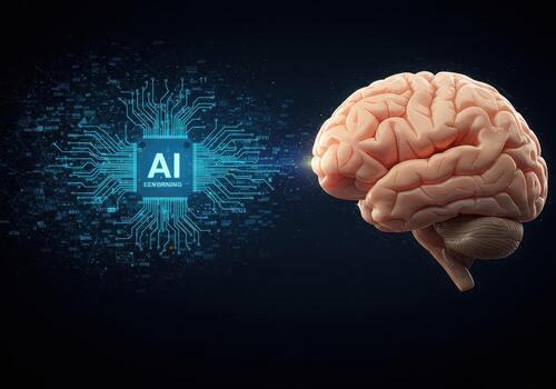 maravilloso ai concepto fusiona humano cerebro con brillante digital circuitos, simbolizando inteligencia y futuro tecnología foto