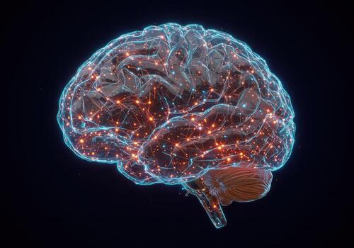 Dynamic neural network visualization of a human brain glowing with electric energy and interconnected data points against a dark backdrop photo