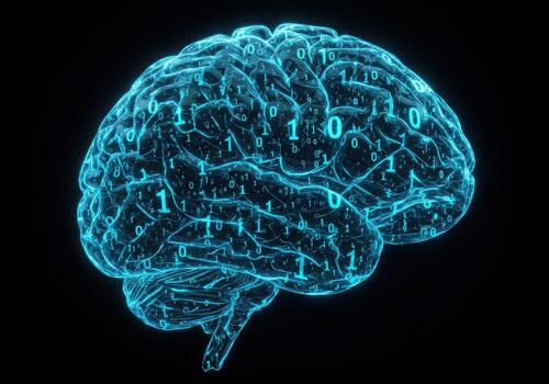 Dynamic digital brain pulsing with blue binary code signifies innovative artificial intelligence and advanced technology concepts photo