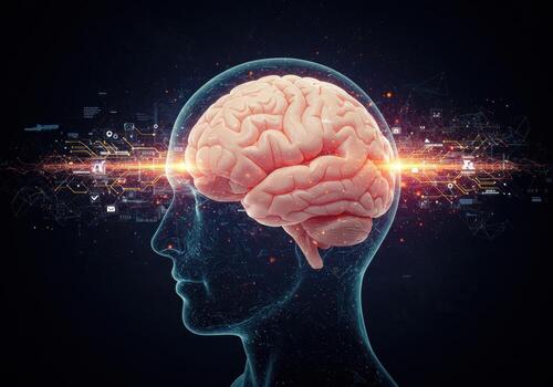 Dynamic digital brain visualization explores human cognition, consciousness, and future intelligence in futuristic tech landscape photo