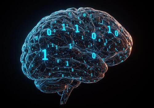 Explore the future of intelligence with a stunning digital brain illuminated by vibrant binary code, symbolizing innovation and advanced AI concepts. photo