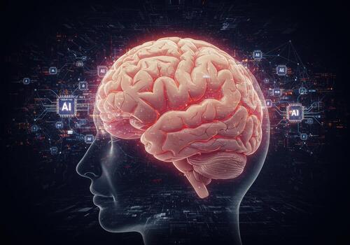 Dynamic AI brain visualization symbolizing innovation and future technology with glowing neural pathways and digital connections photo