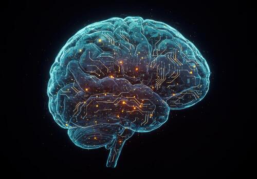Visualize the future of innovation with a stunning digital brain concept, glowing with intricate circuits and vibrant data flow photo